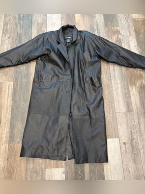 COMINT VTG Genuine Leather Black Long Trench Coat Women 1X Goth Steampunk Y2K